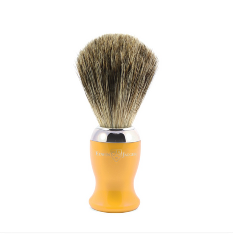 Edwin Jagger Yellow Shaving Brush (Pure Badger).   A contemporary style brush, finished with bright chrome trim and filled with genuine Pure Badger hair. Will provide a good lather when used with a quality shaving cream or soap. Also available with a matching razor and gleaming chrome stand.  Overall height 103mm  Knot size 21mm We recommend that, after daily use, shaving brushes are thoroughly rinsed in warm water and hung to dry in a stand.