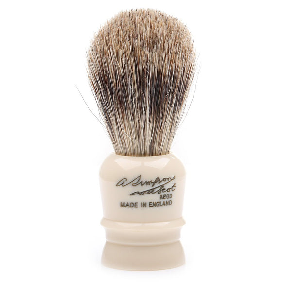  The Simpson Wee Scot Best Badger Shaving Brush is wonderfully functional compact brush. It is the smallest brush in production and is crafted with all of the expertise of Simpsons' other brushes. The miniature knot is handpacked into an off-white handle with the Simpson signature.     Manufacturer: Simpsons Total Height: 70mm Handle Height: 30mm Bristle Knot: 19mm Brush Type: Best Badger Handle Material: Synthetic Resin Country of Origin: United Kingdom