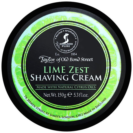Taylor of Old Bond Street - Lime Zest Shaving Cream  An uplifting fragrance of fresh Lime and Orange complemented by mid notes of Lavender & Tarragon with undertones of Patchouli and Cedarwood.  Taylor Of Old Bond Street Lime Zest Shaving Cream 150gr. The story of Taylor of Old Bond Street dates back to the 19th century. It started with a determined business family who decided to make men's grooming products and accessories.