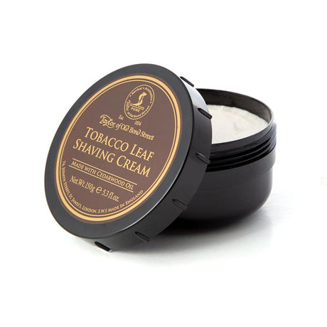 Taylor of Old Bond Street - Tobacco Leaf Shaving Cream  A distinctive tobacco fragrance supported by tones of Bergamot & Grapefruit with subtle, lingering notes of Coffee & Leather.  00997  Size: 5.4oz/150g bowl  Made in England
