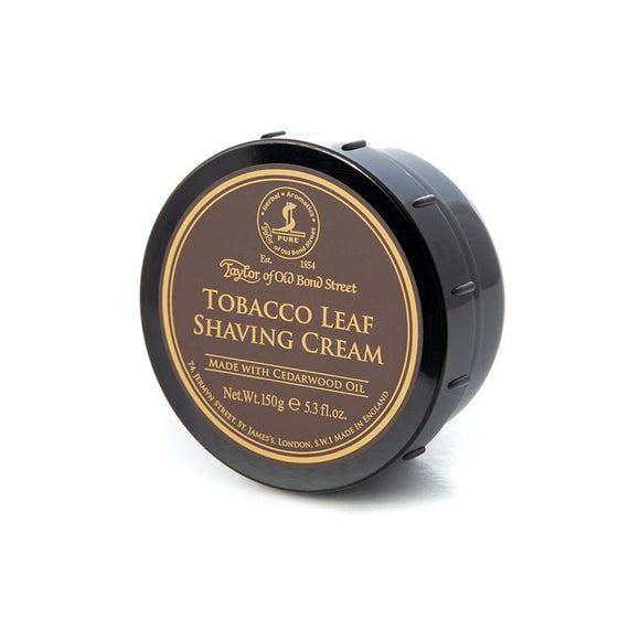 Taylor of Old Bond Street - Tobacco Leaf Shaving Cream  A distinctive tobacco fragrance supported by tones of Bergamot & Grapefruit with subtle, lingering notes of Coffee & Leather.  00997  Size: 5.4oz/150g bowl  Made in England