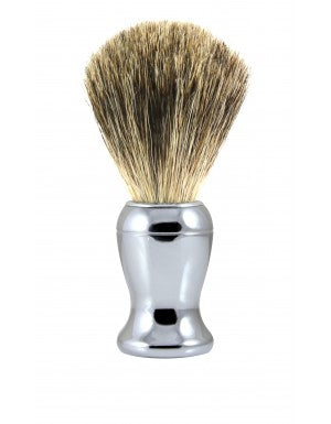 DETAILS  Edwin Jagger Chrome Shaving Brush (Pure Badger).   A contemporary style brush, finished with bright chrome trim and filled with genuine Pure Badger hair. Will provide a good lather when used with a quality shaving cream or soap. Also available with a matching razor and gleaming chrome stand.  Overall height 103mm  Knot size 21mm We recommend that, after daily use, shaving brushes are thoroughly rinsed in warm water and hung to dry in a stand.