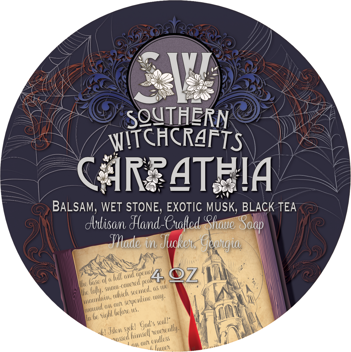 Vegan Shave Soap  Carpathia is a tribute to Bram Stoker’s Dracula: a dark and brooding masculine scent centered around accords of black tea, exotic musk, and evergreen balsam.  Notes: Evergreen forest, musk, herbs, rose, coffee, black tea